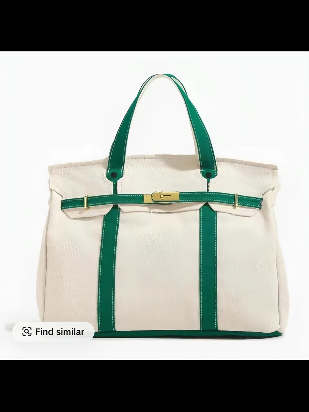 Cream Canvas boatkin Tote Bag with Green Trim and Gold Hardware